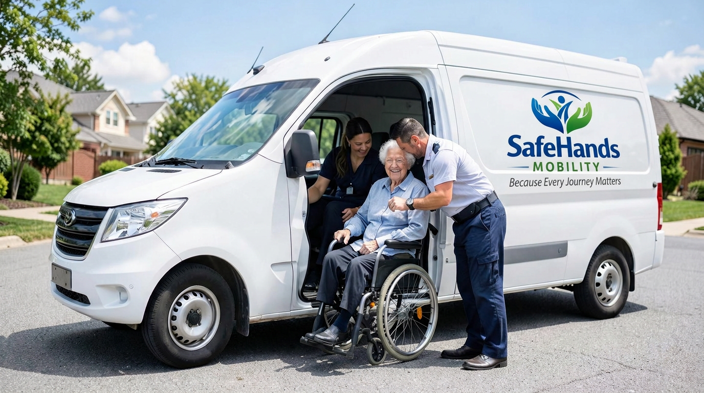 SafeHands Mobility driver helping an elderly passenger into a branded wheelchair-accessible van